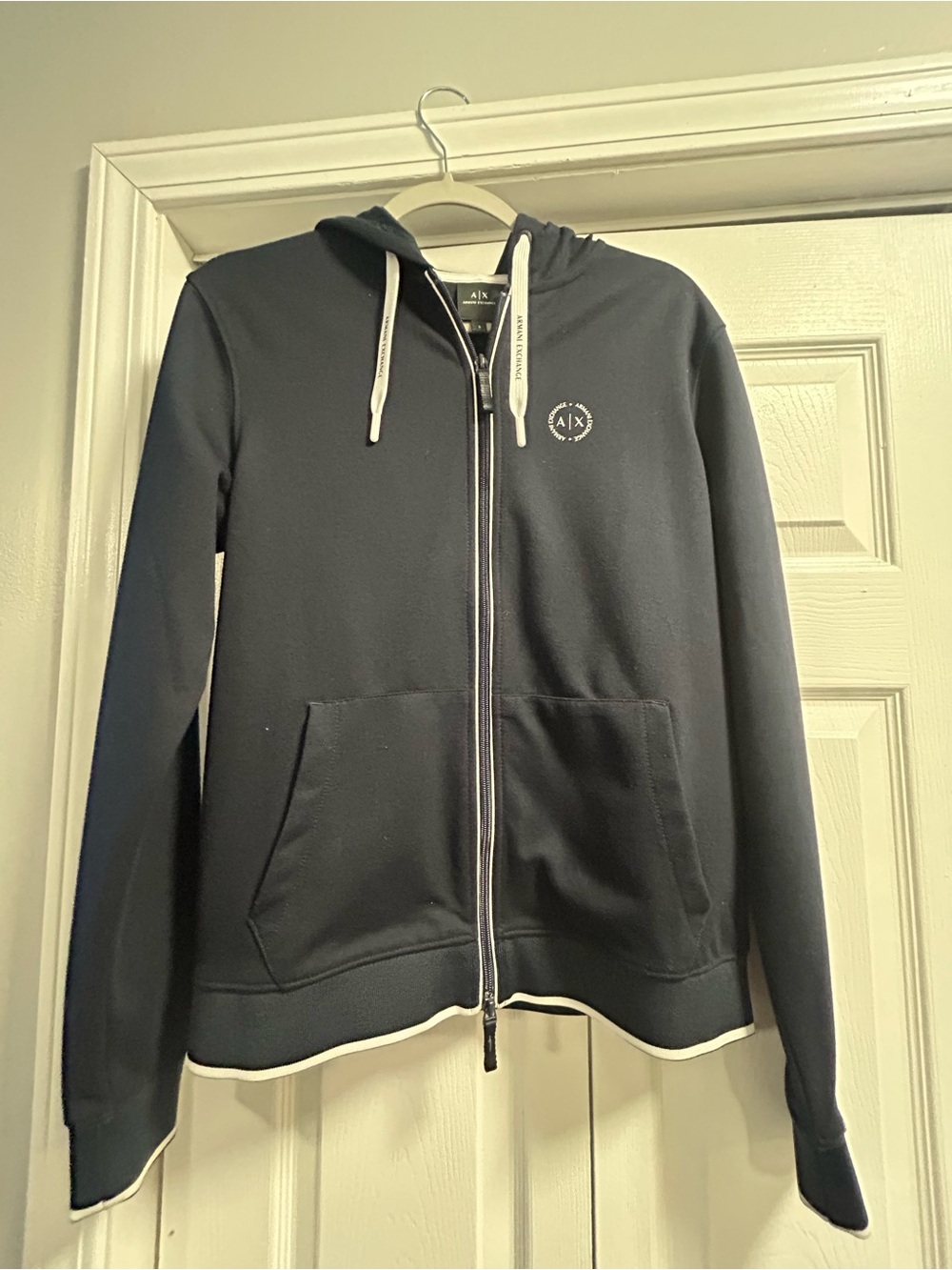 Armani Exchange Men's Dark Blue Full-Zip Hoodie with White Trim